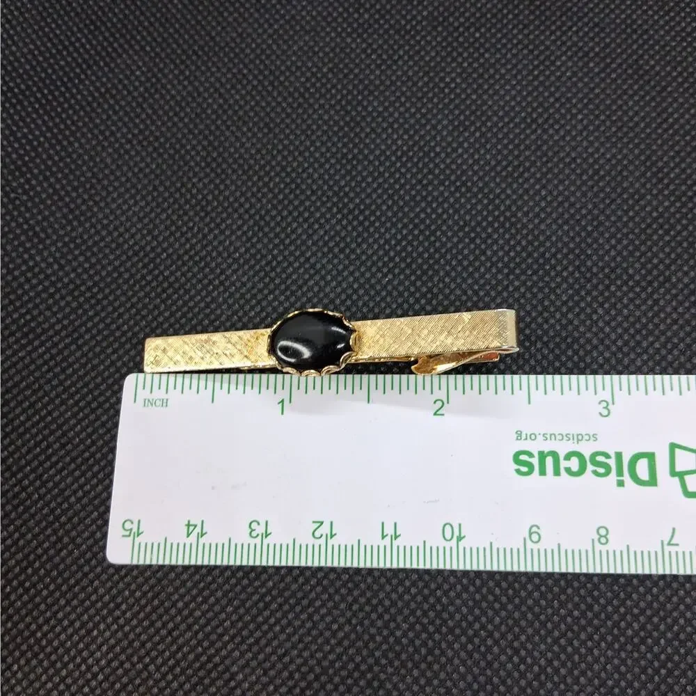 Vintage Gold Tone Tie Clip Clasp Textured Surface w/ Faux Onyx Cabochon